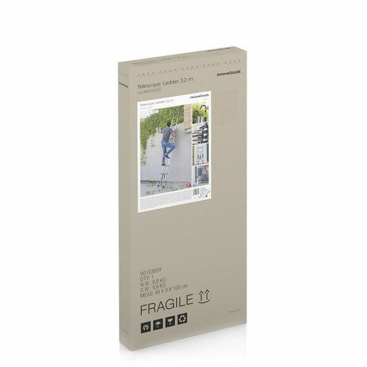 Escalera telescópica Ladescop 32 con 3,2 m, escalera de extensión de acero inoxidable, portátil, plegable, altura ajustable, fácil de transportar
